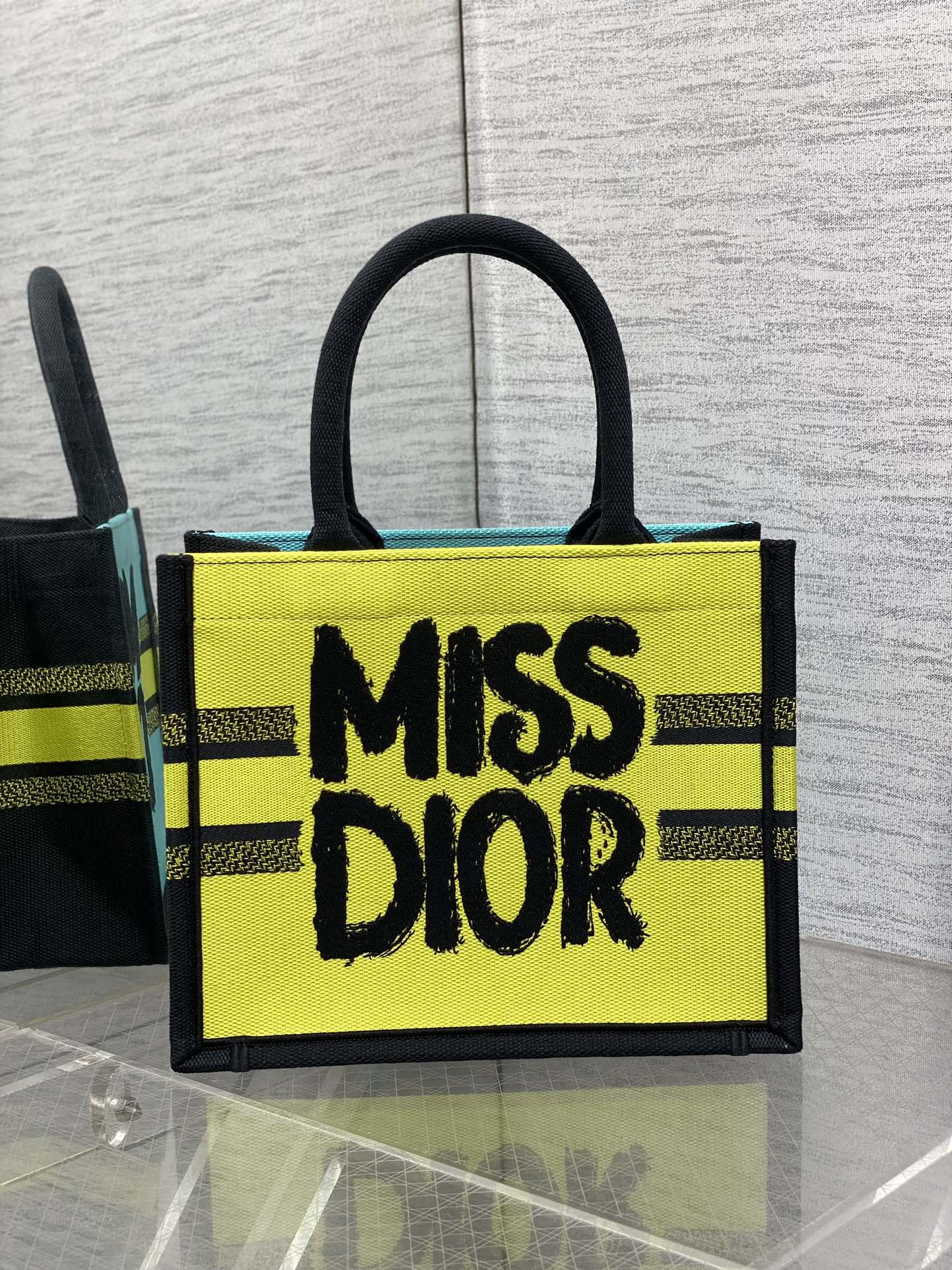 Small Dior Book Tote Bag Two-Tone Green and Blue Miss Dior Graffiti Embroidery